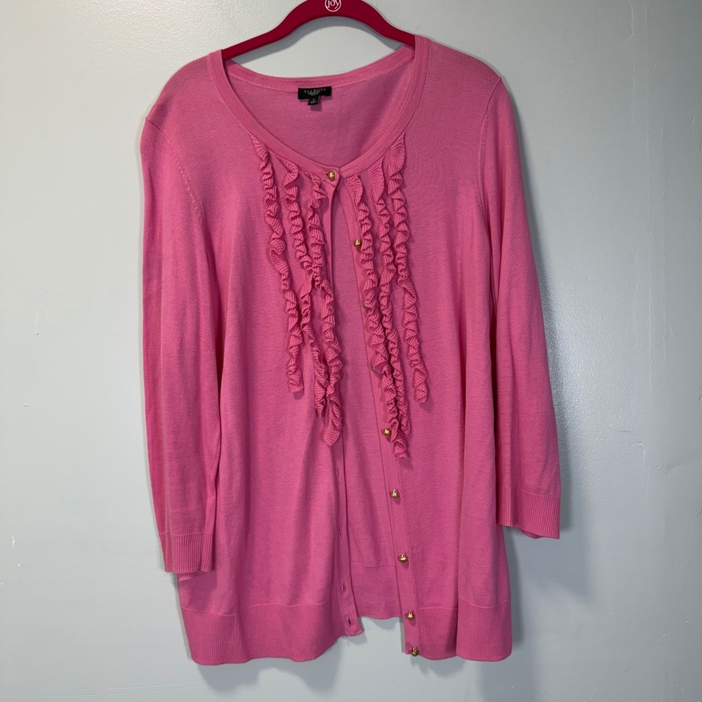 Talbots Woman Pink Ruffle Front Button Cardigan Sweater Gold Buttons Size X